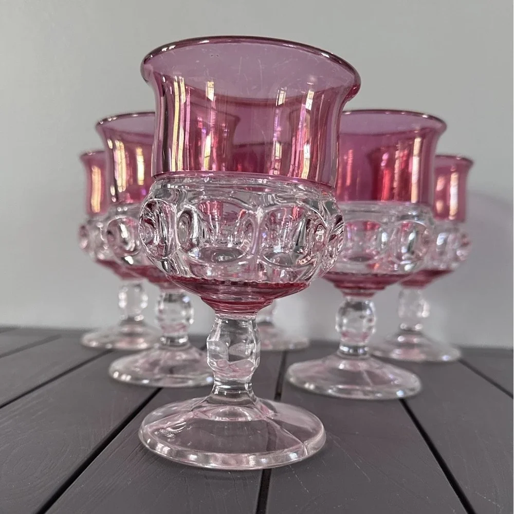 Set of 6 Kings Crown Cranberry Flashed Glass Water Goblets 5.75 Inches Tall